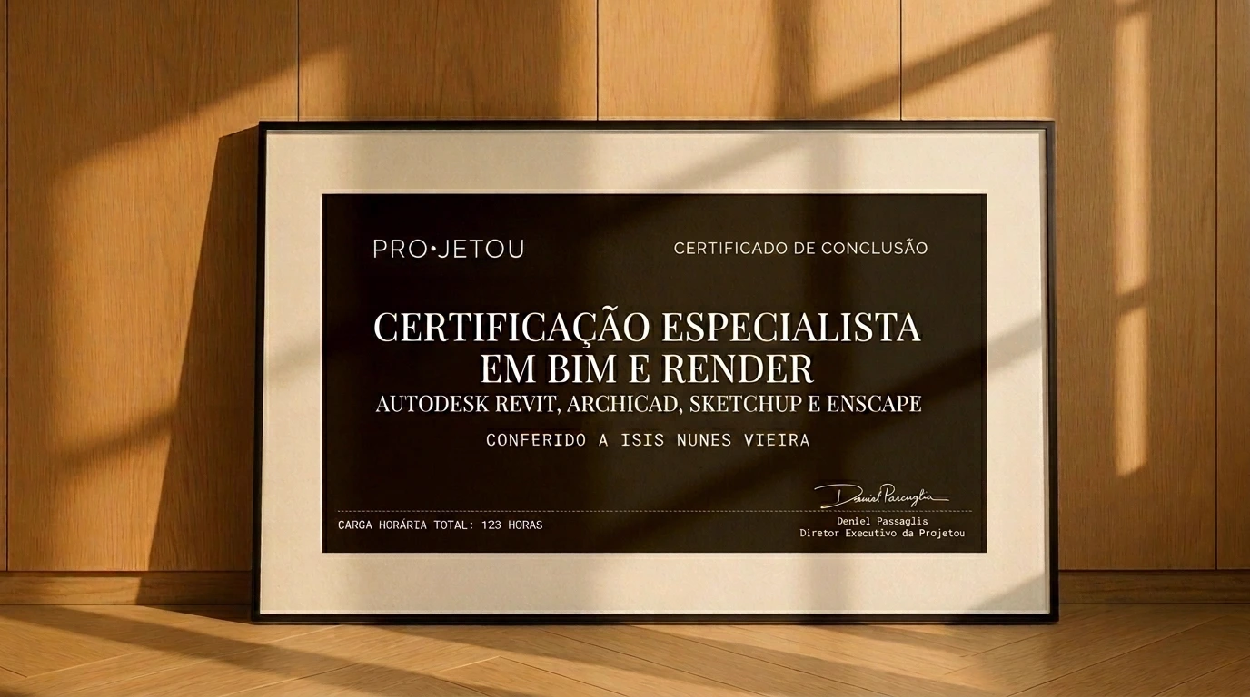 Certificado de conclusão da Certificação Especialista em BIM e Render emoldurado