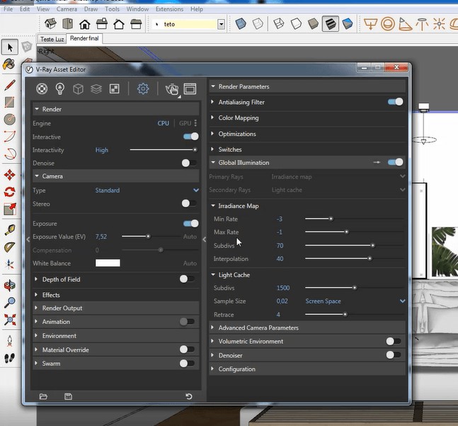 O propósito da imagem é demonstrar as configurações do uso do irradiance map no v-ray para otimização do tempo de renderização.