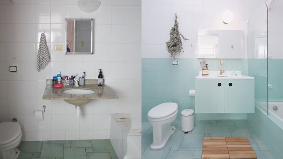 Foto interna mostrando o antes e depois de um banheiro antigo.