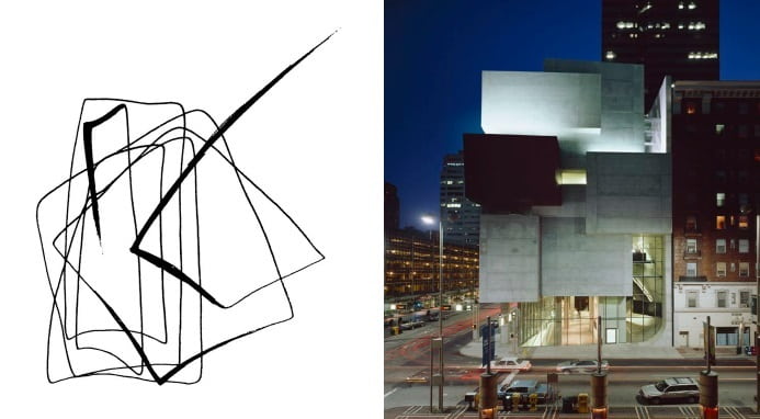À esquerda: croqui de Zaha Hadid para o Centro Rosenthal de Arte Contemporânea. À direita: o mesmo projeto, finalizado