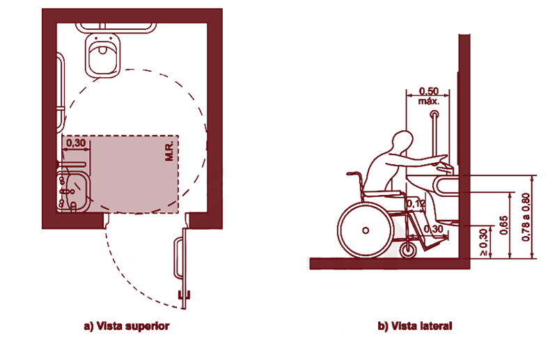 Diagrama mostrando um banheiro com lavatório acessível.