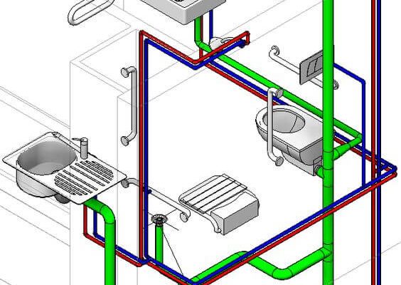 Diagrama do Projeto Hidrossanitário desenvolvido no Revit, mostrando as tubulações de água fria, quente e esgoto.