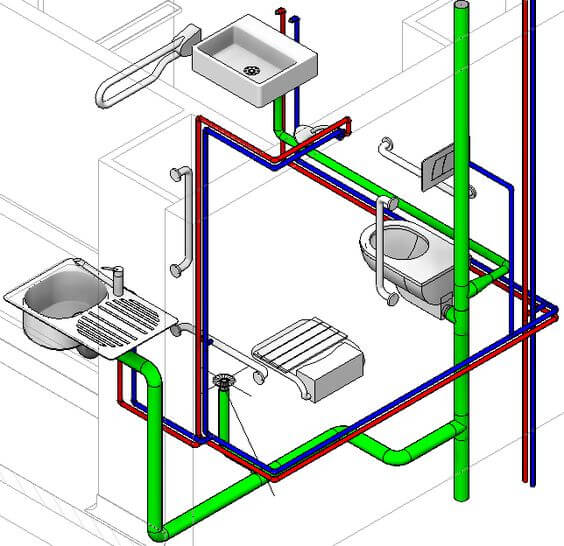 Diagrama do Projeto Hidrossanitário desenvolvido no Revit, mostrando as tubulações de água fria, quente e esgoto.