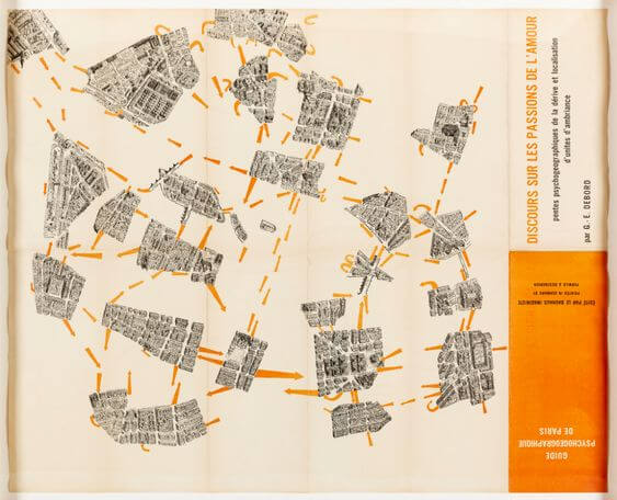 Imagem mostrando o diagrama de Cartografia da Paisagem, onde fragmentos do mapa da cidade são recortados e conectados com linhas e flechas que representam os percursos.