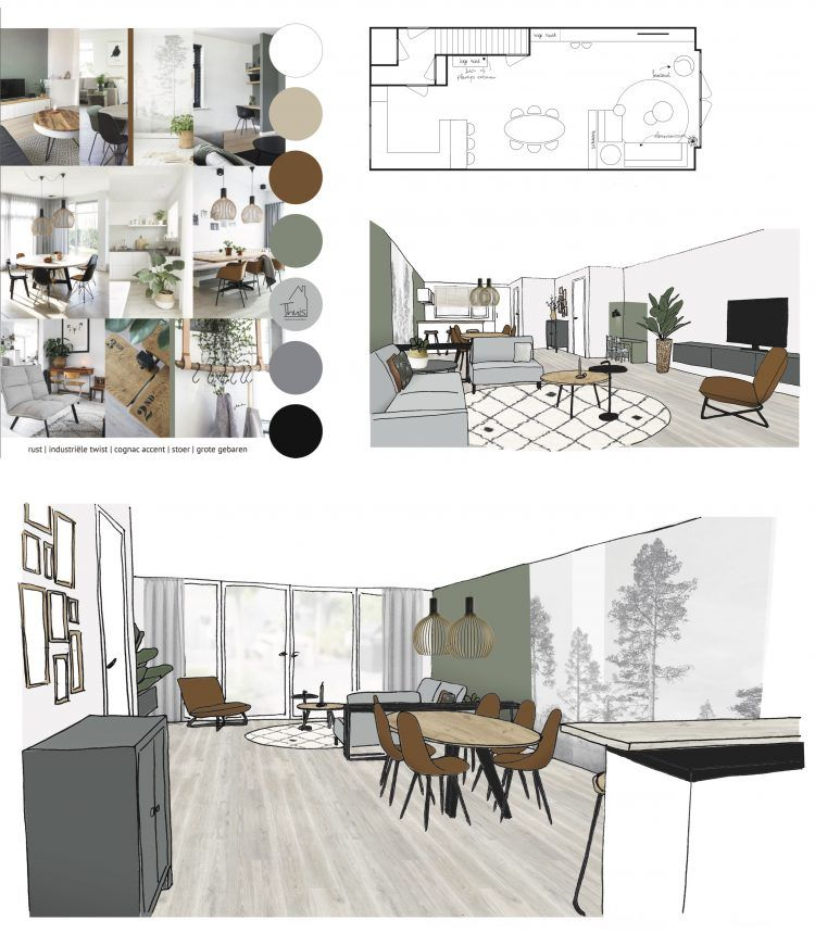 Planta Baixa, Projeto de Interiores e MoodBoard para Portfólio criados com o Sketchup