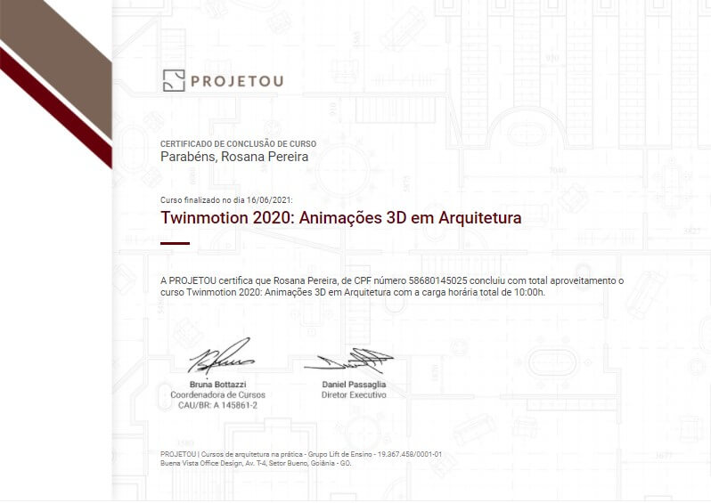 certificado do curso de twinmotion da projetou