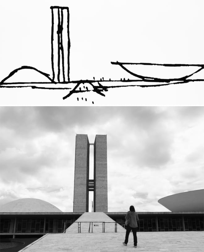 Croqui de Niemeyer e projeto finalizado do Congresso Nacional utilizado para entender o significado do conceito