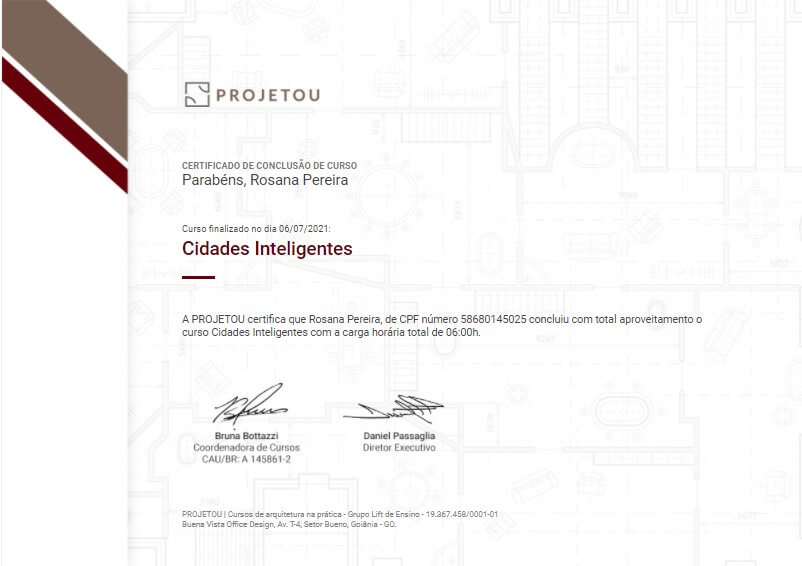 certificado do curso de cidades inteligentes da projetou