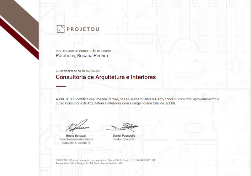 certificado da projetou do curso de consultoria de arquitetura e interiores