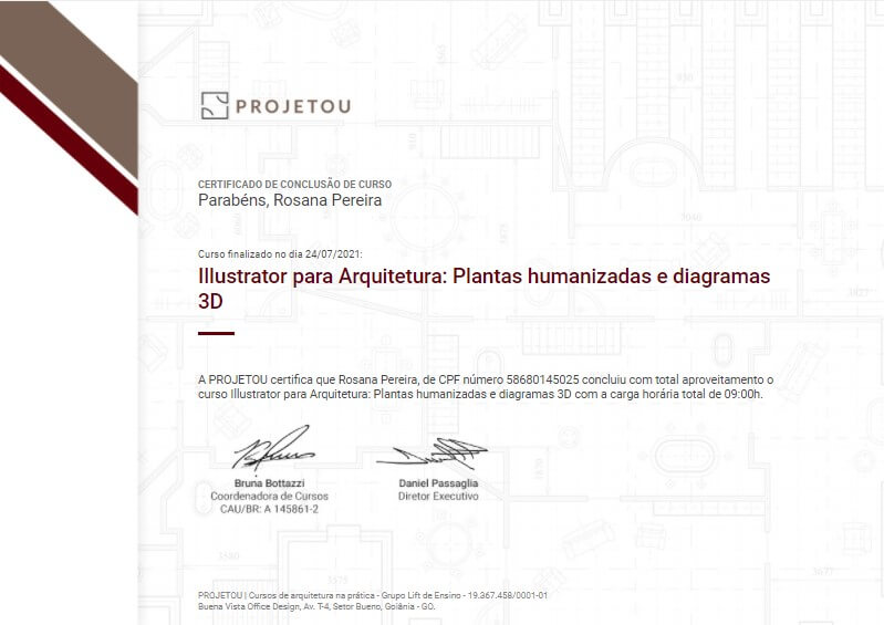 certificado do curso de illustrator para arquitetura da projetou