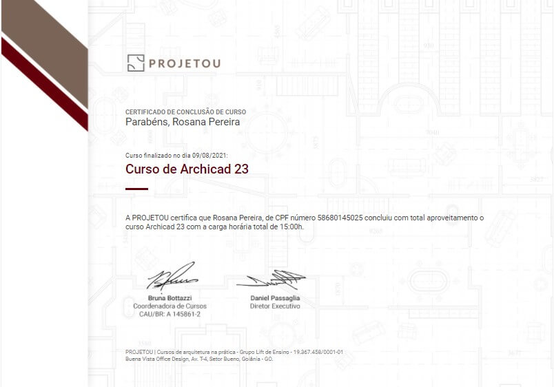 certificado do curso de archicad 23 da projetou